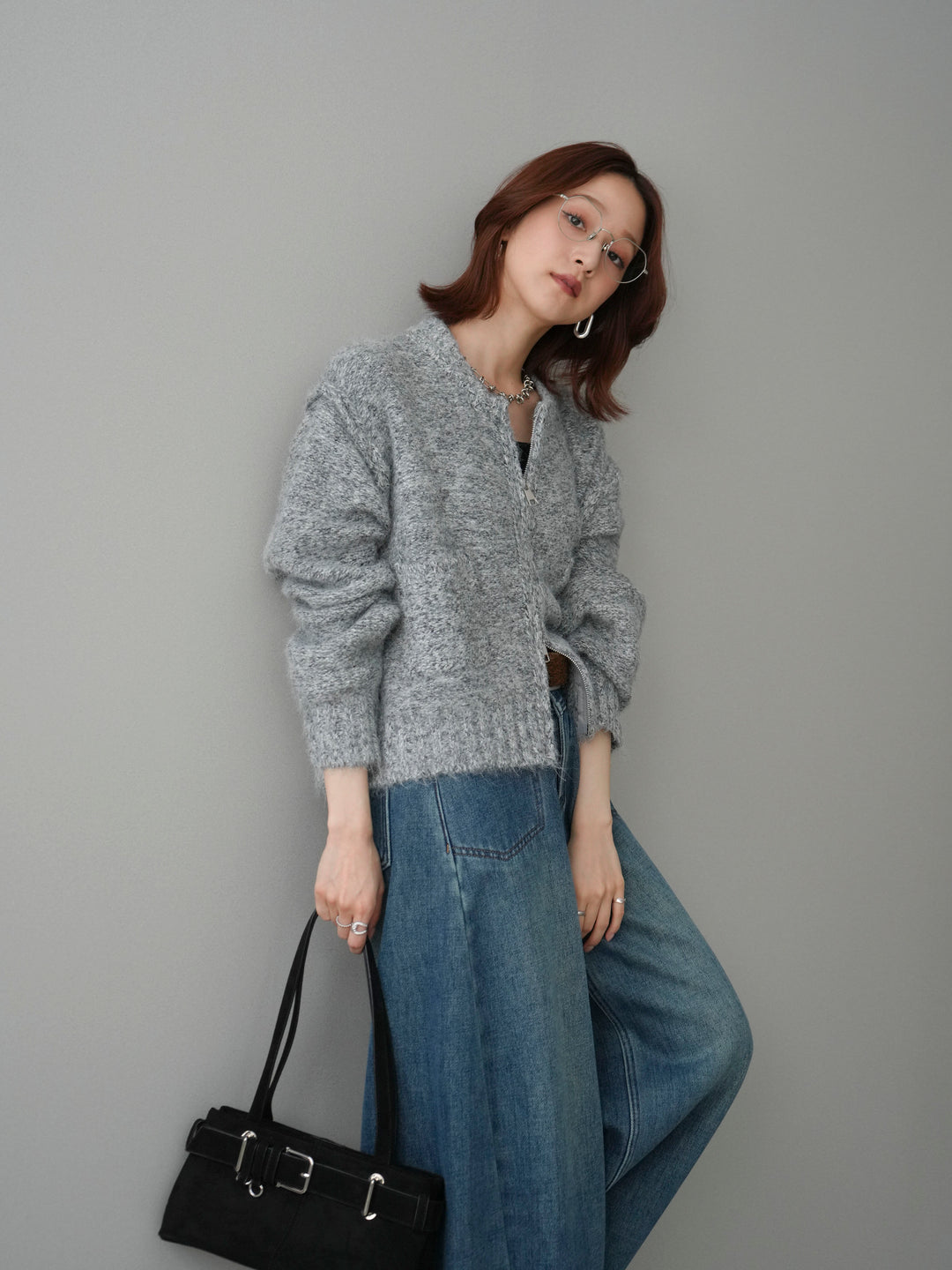 [SET]ミックスヤーンダブルZIPニットカーディガン+ベルト付裏起毛カーブデニムパンツ(2set)