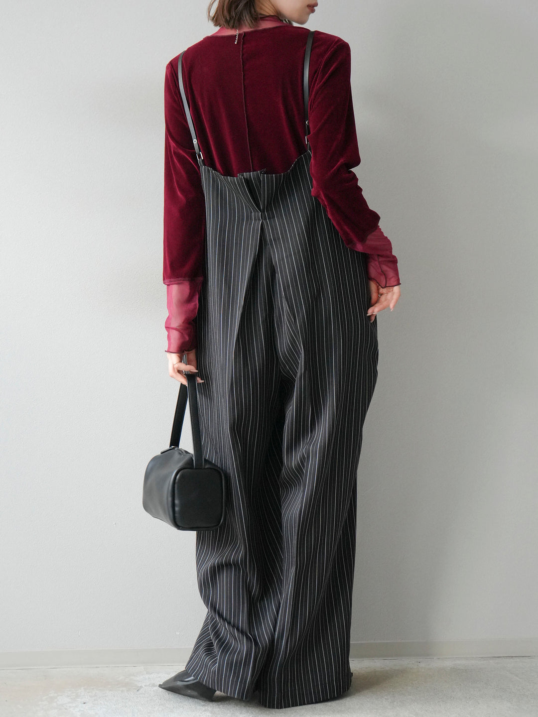 【着回しセット】[SET]ヘリンボーンストライプジレ+シアー切替ベロアトップス+ヘリンボーンストライプサロペット(3set)