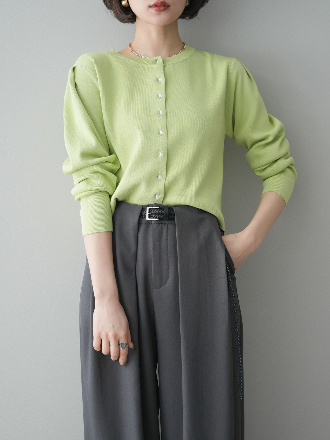 [予約]クリアボタンタックニットカーディガン/lime
