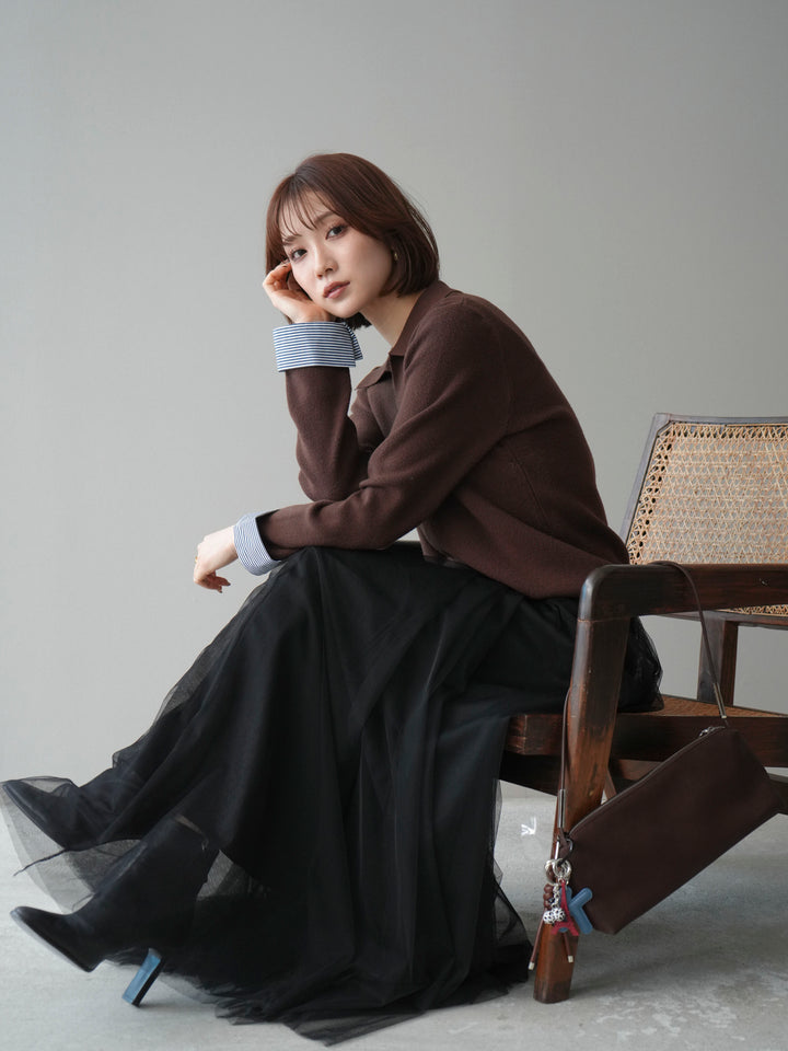 [予約]シャツレイヤードスキッパーニットプルオーバー/brown