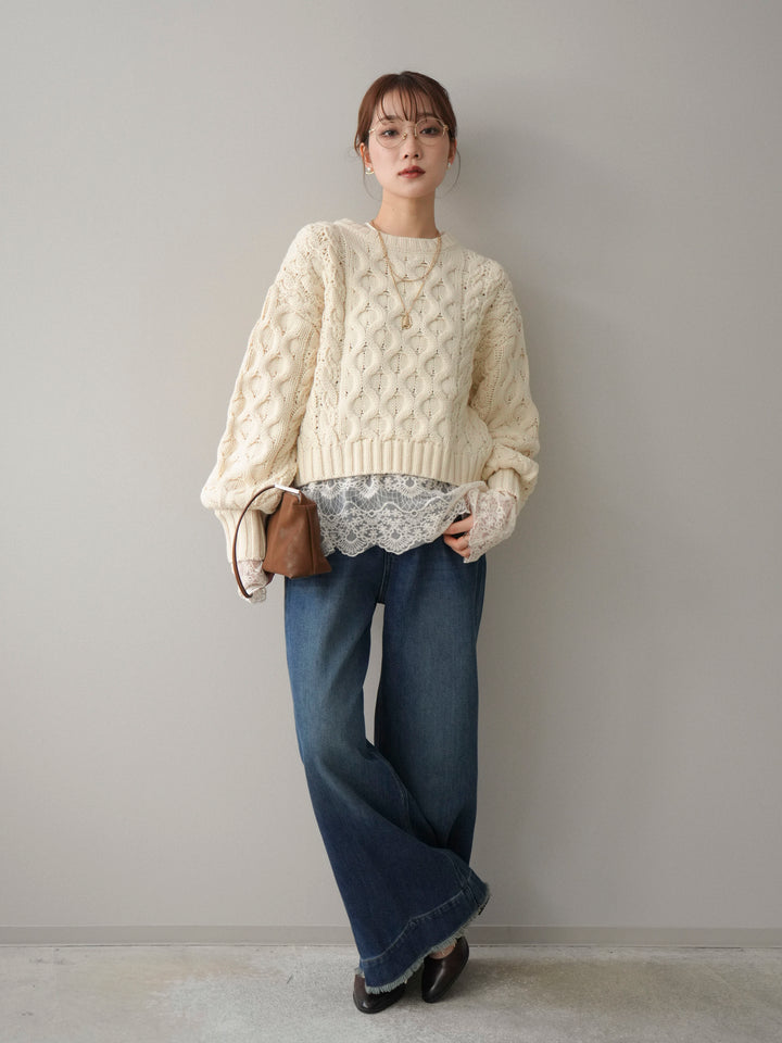 [SET]バルキーケーブルクロップドニットプルオーバー+裏起毛裾フリンジワイドデニムパンツ(2set)