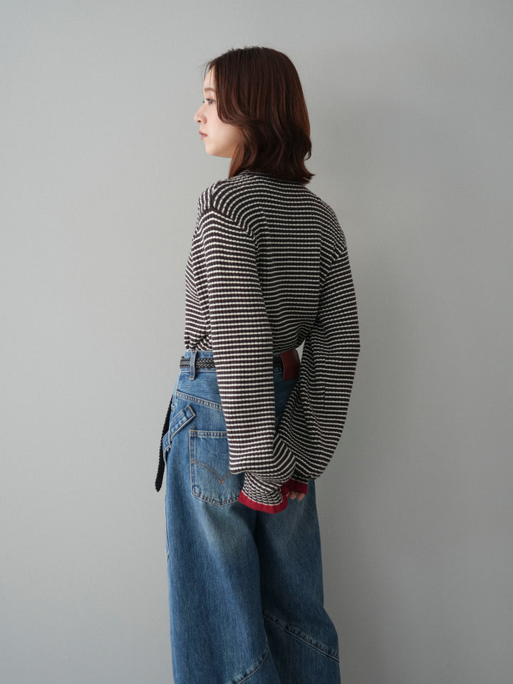 [SET]ラメ異素材ボーダーリブニットプルオーバー+ペインターカーブデニムパンツ(2set)
