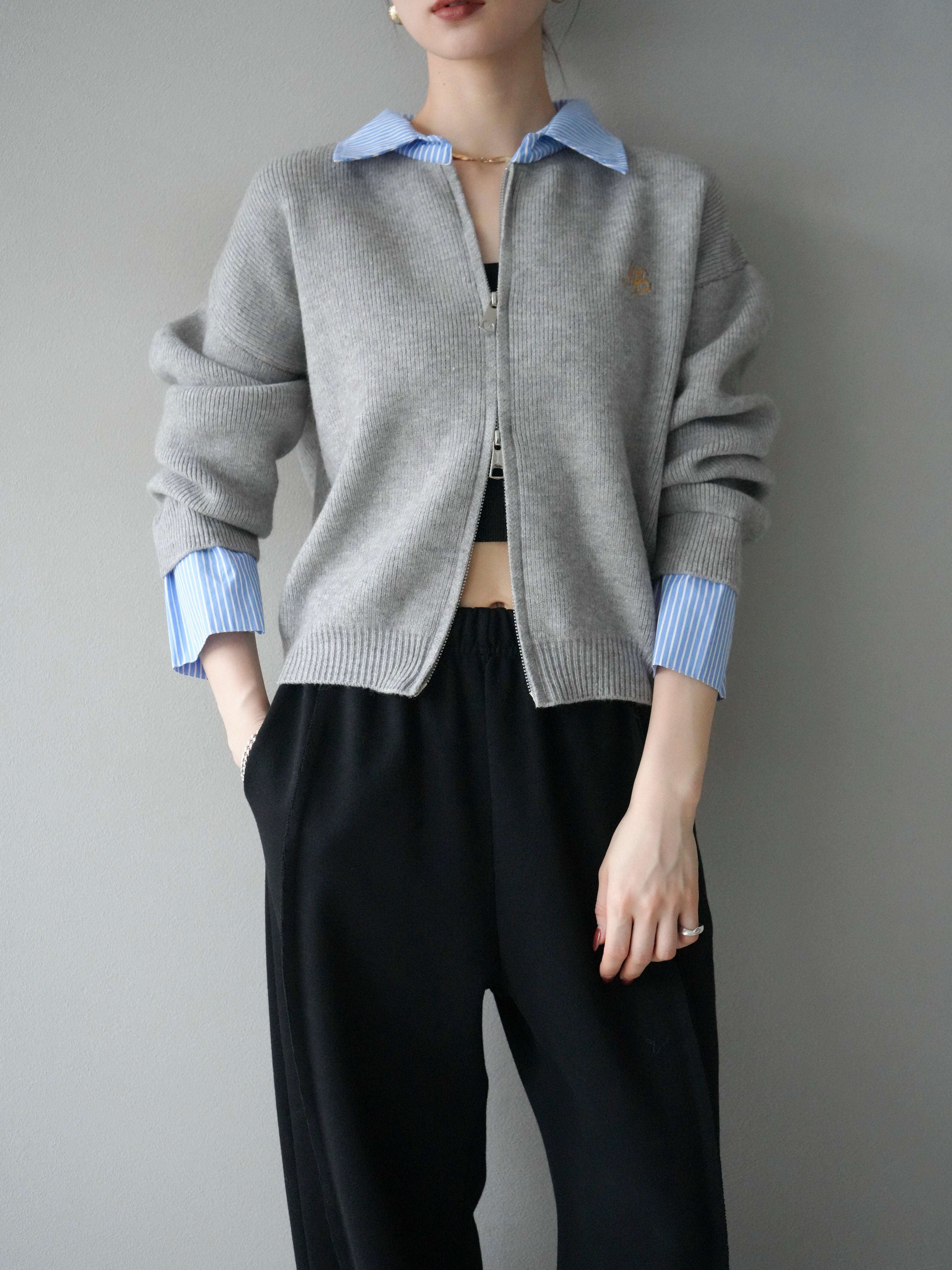 PERVERZE 新作　黒とグレーのストライプ ニットカーディガン 予約]ストライプシャツレイヤードZIPニットカーディガン/gray – Lumier