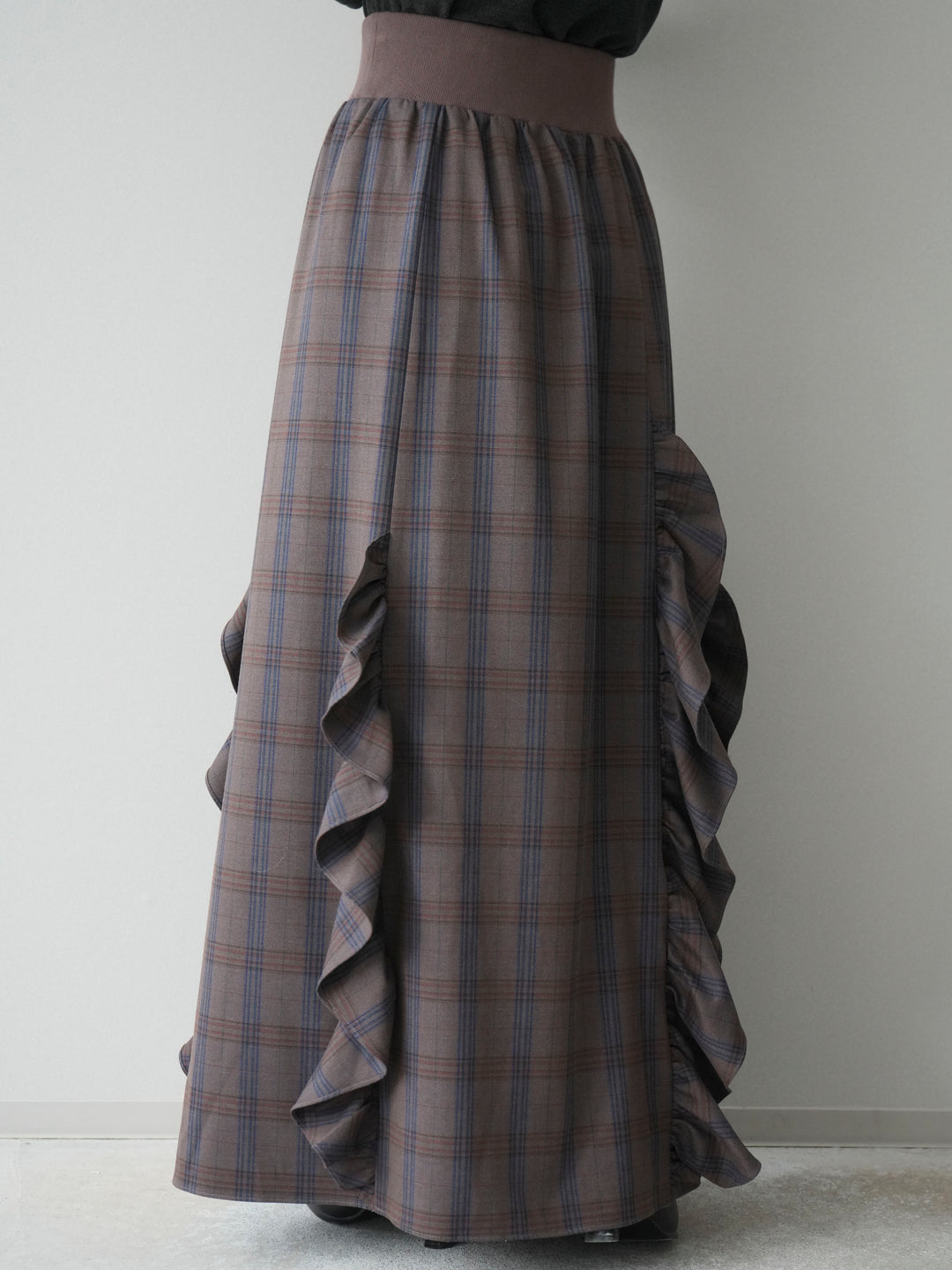 [予約]チェック柄フリルハイウエストマキシスカート/gray