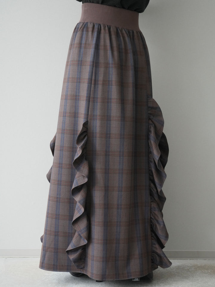 [予約]チェック柄フリルハイウエストマキシスカート/gray