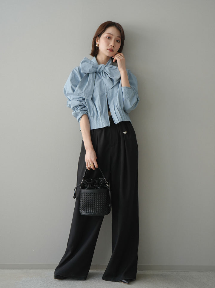 [SET]ボウタイ裾プリーツライトジャケット+ベルト付キーホルダーモチーフワイドパンツ(2set)