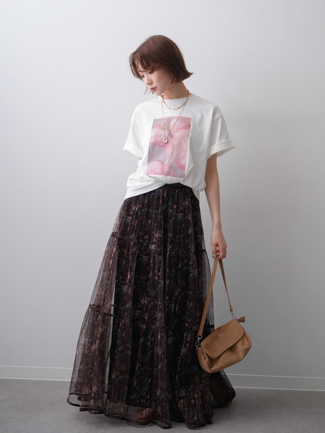 [SET]ニュアンスフローラルフォトTEE+フラワーチュールギャザースカート(2set)
