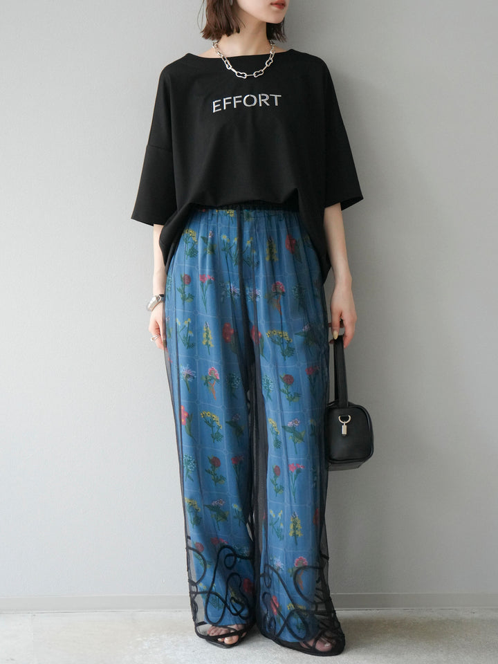 [予約]異素材メタリックロゴ刺繍×プリントTシャツ/ブラック