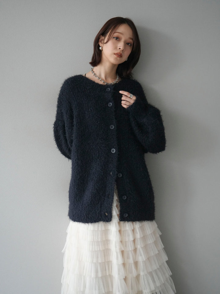 [預購] 圓領隨機毛絨開襟衫/藏青