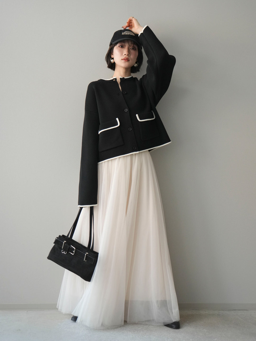 [SET]ポリエステル配色ニットカーディガン+チュールボリュームスカート(2set)