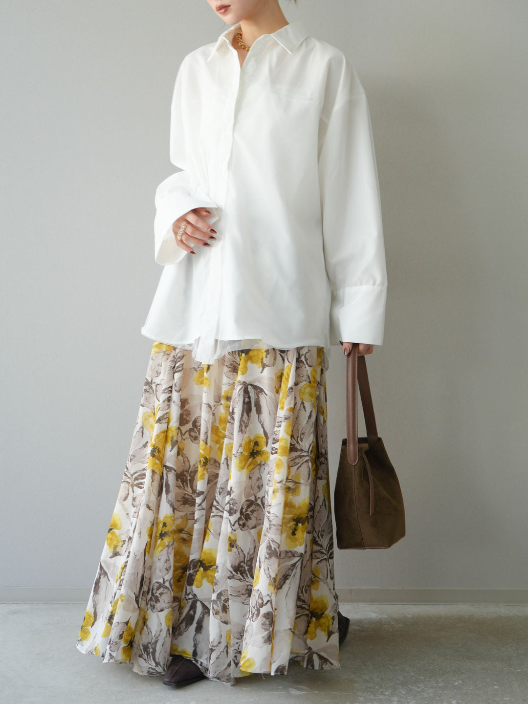 [予約]フラワープリントボリュームフレアスカート/イエロー