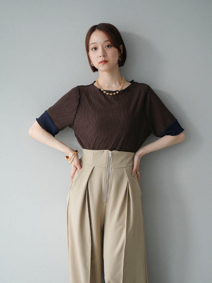 [SET] 百褶同色船領套頭衫 + 拉鍊褶襉寬褲 (2 套)