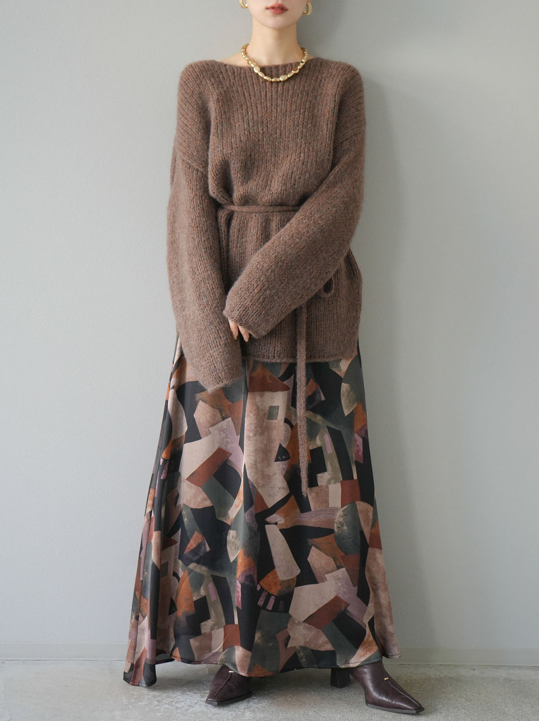 [予約]紐付きあぜ編みオーバーニットプルオーバー/ブラウン