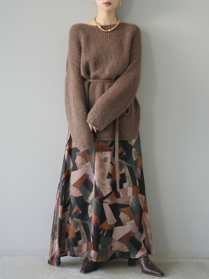 [予約]紐付きあぜ編みオーバーニットプルオーバー/ブラウン