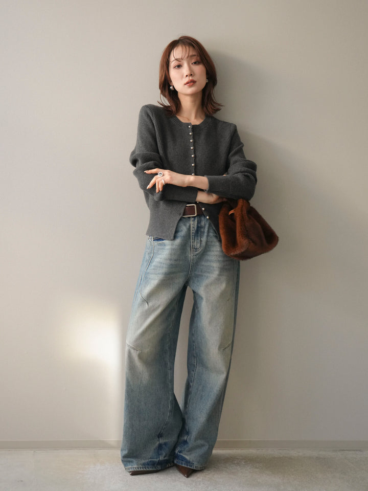 [SET]シルバーボタン畦編みニットカーディガン+ベルト付カーブデニムパンツ(2set)