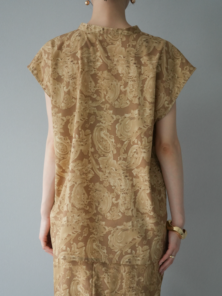 [SET]ペイズリープリントゴールドボタンブラウス+ペイズリープリントタックIラインスカート(2set)