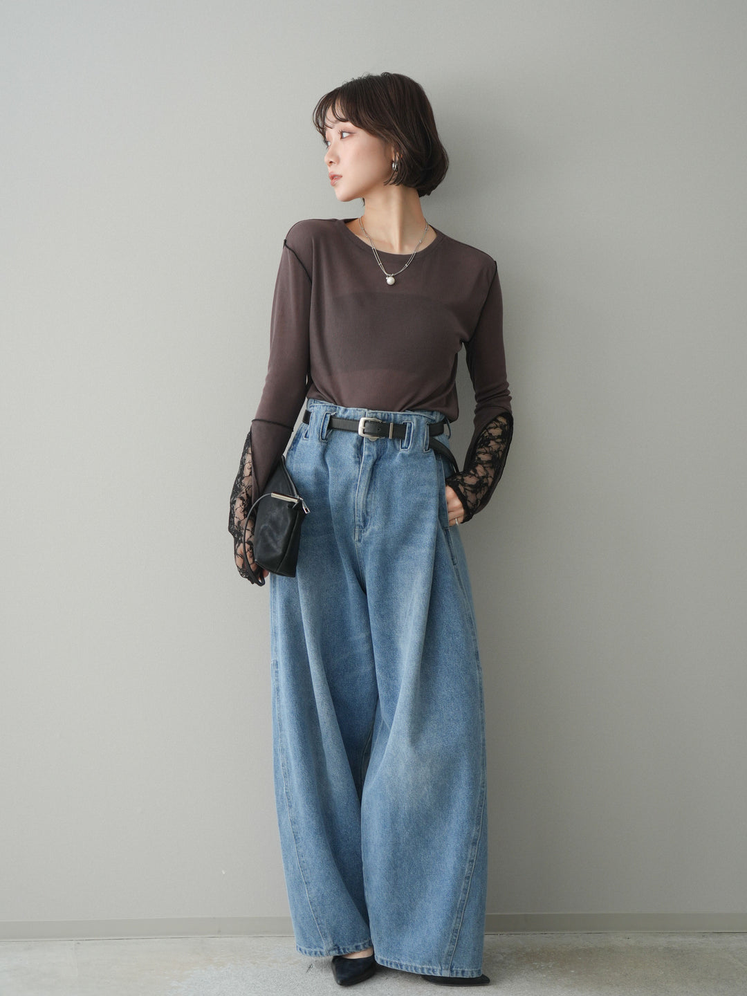 [予約]袖レースレイヤードデザインメロートップス/brown