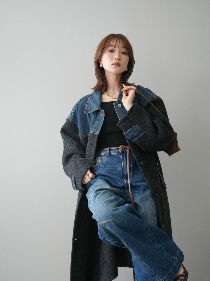 [SET]デニム切替シャギーステンカラーコート+選べるアクセセット(2set)