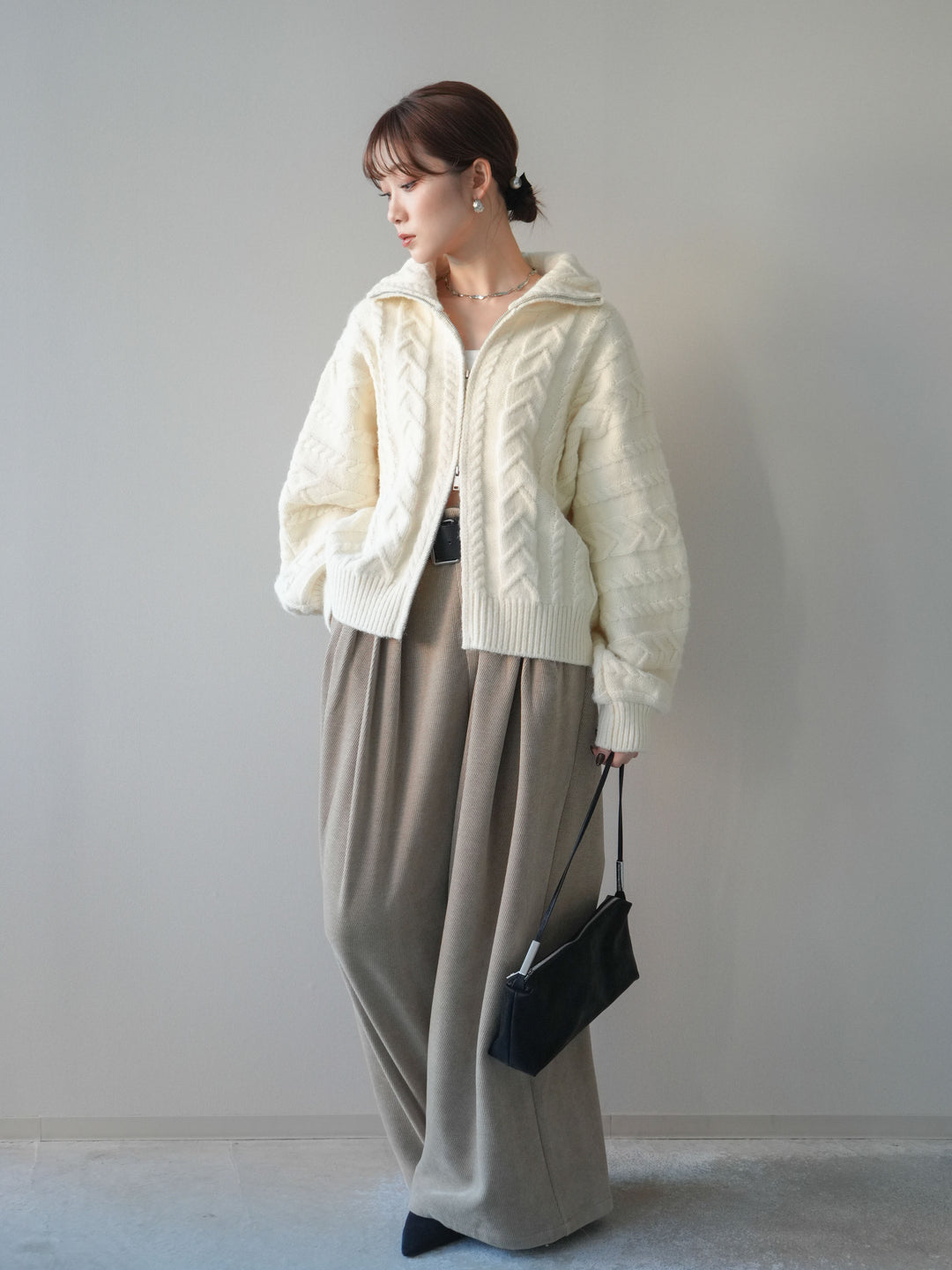 [予約]ベルトデザインループコールテンワイドパンツ(ベルト付き)/beige