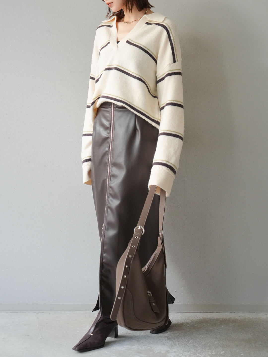 [予約]フェイクレザーZIPタイトスカート/ブラウン