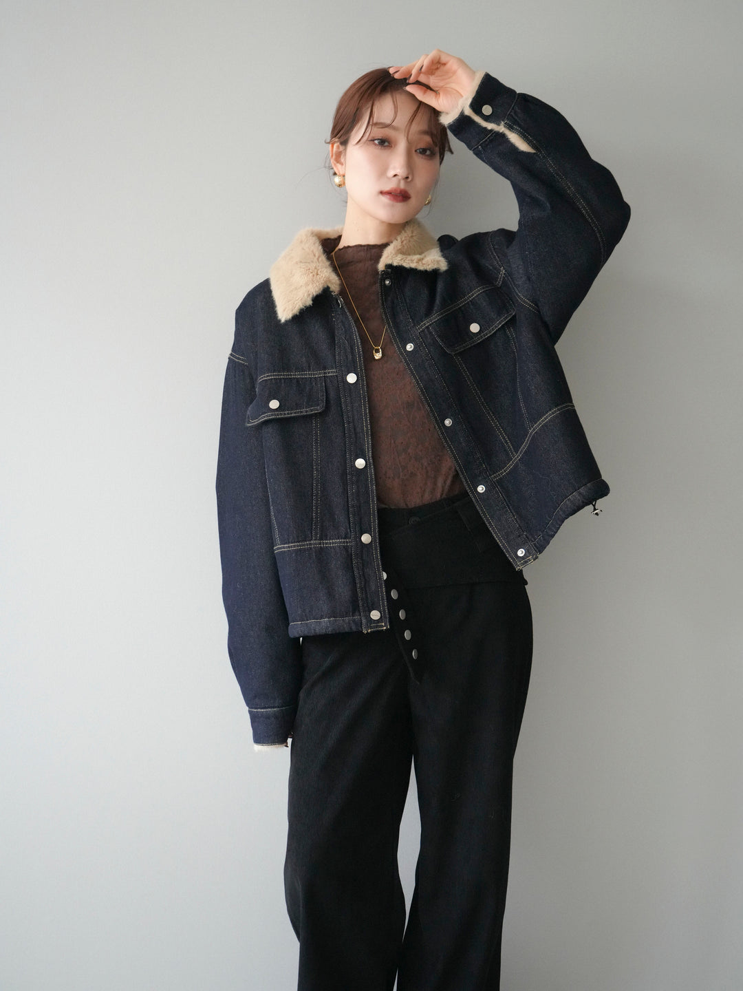 [予約]デニム×ファーステンカラーショートジャケット/indigo