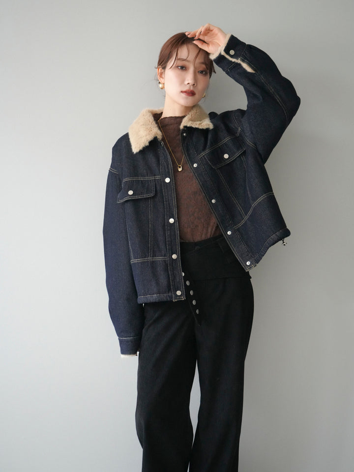 [予約]デニム×ファーステンカラーショートジャケット/indigo