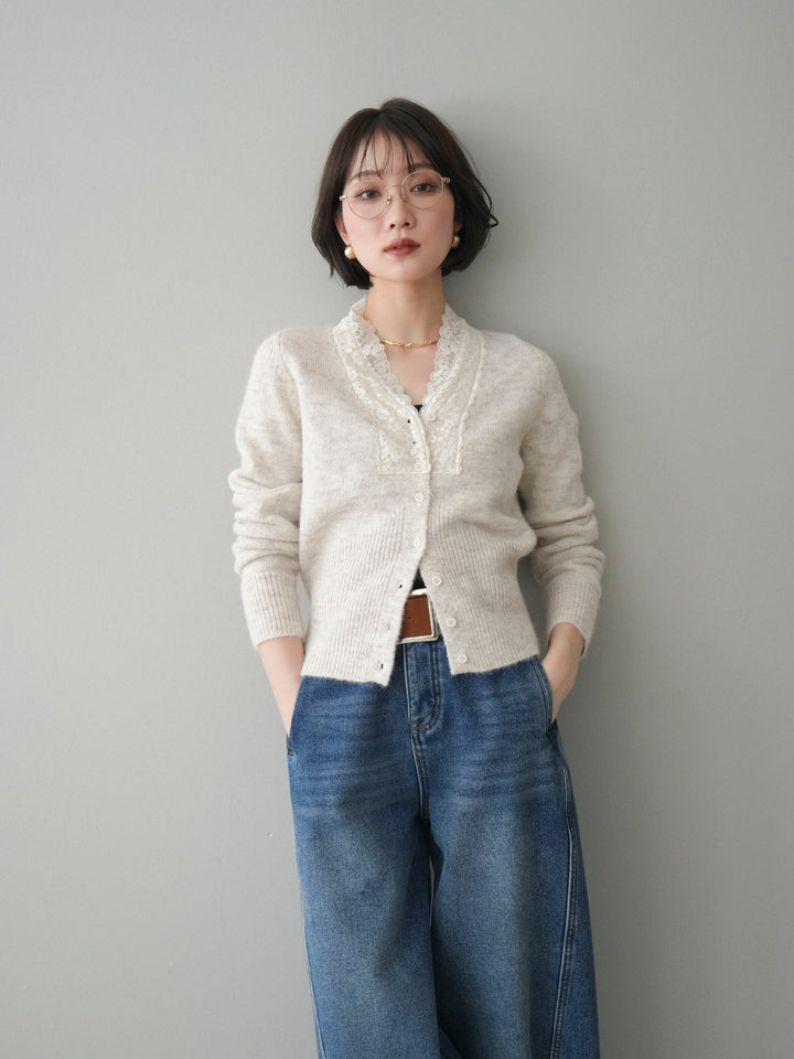 [SET]レースネックコンパクトニットカーディガン+選べるアクセセット(2set)