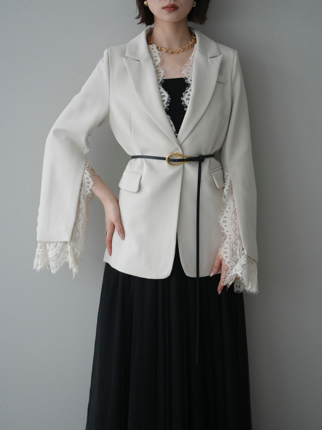 [SET]レースレイヤードスリットジャケット+チュールボリュームスカート(2set)