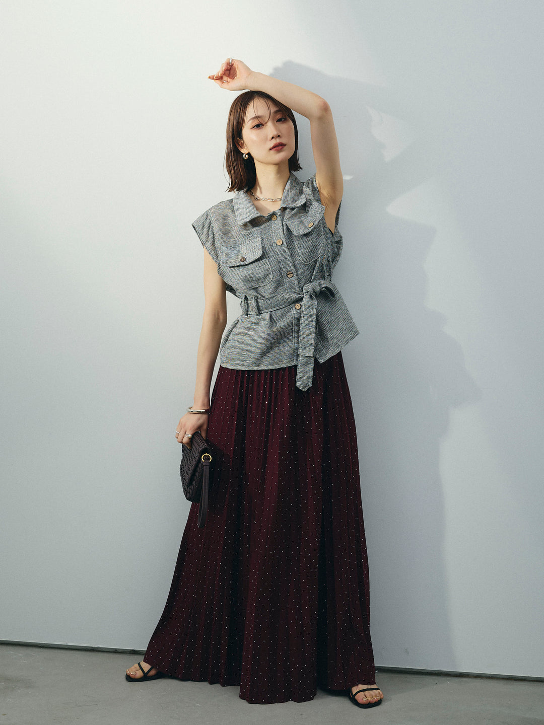 [SET]ミックスヤーンメッシュブラウス+ラインストーンプリーツスカート(2set)