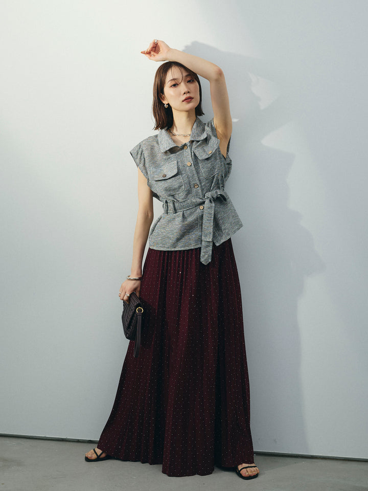 [SET]ミックスヤーンメッシュブラウス+ラインストーンプリーツスカート(2set)