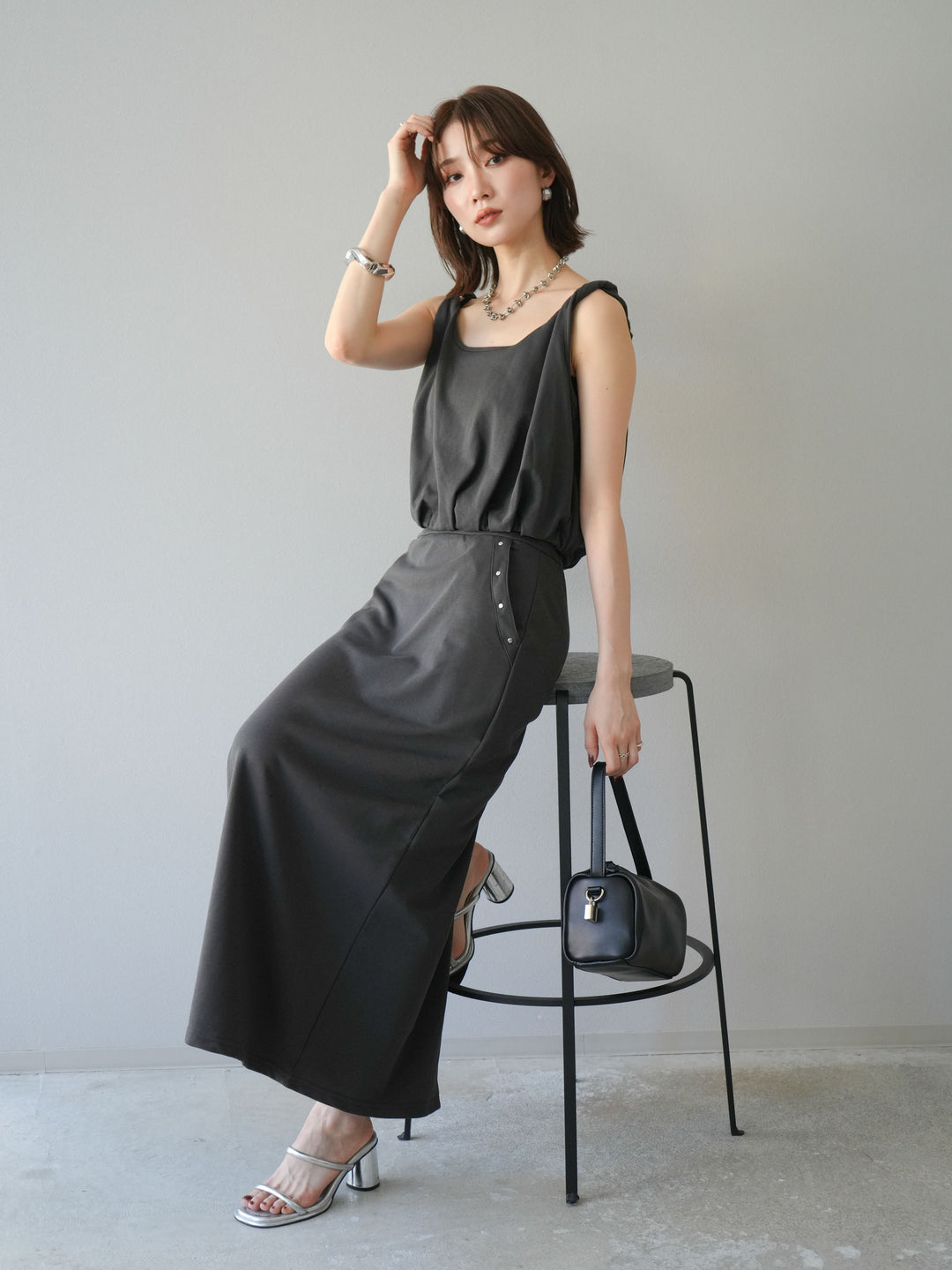 [SET]ミニ裏毛ツイストキャミバルーントップス＆Iラインスカート(2set)