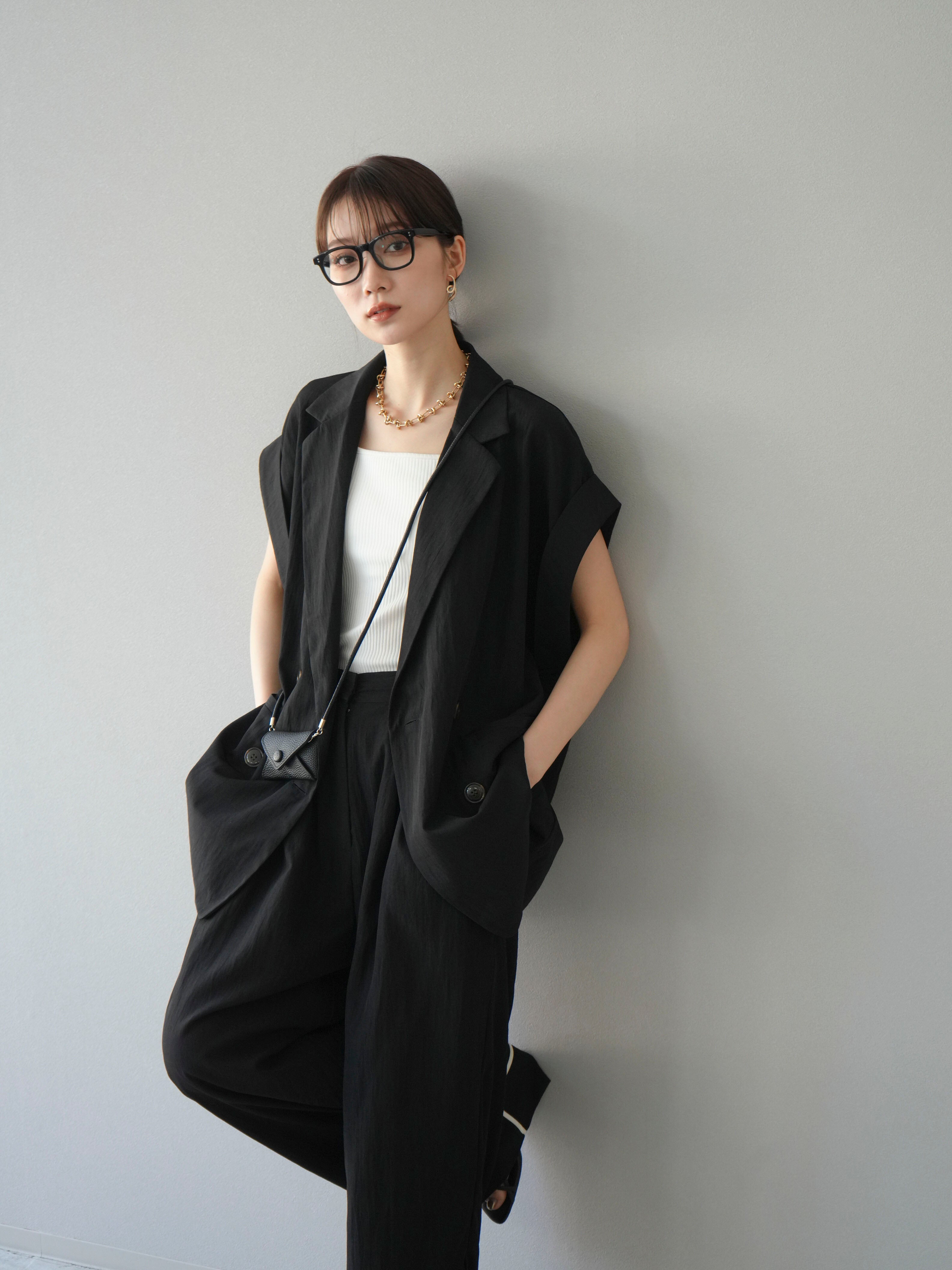 SET]リネンライクノースリーブダブルジレ+リネンライク裾リターン