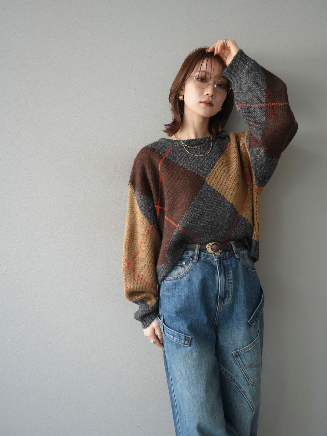 [SET]配色ステッチアーガイル柄ニットプルオーバー+配色ステッチアーガイル柄ニットプルオーバー(2set)
