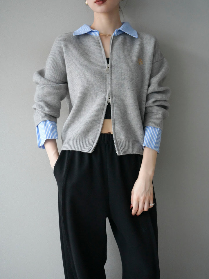 [SET]ストライプシャツレイヤードZIPニットカーディガン+2WAYデザインスウェットパンツ(2set)