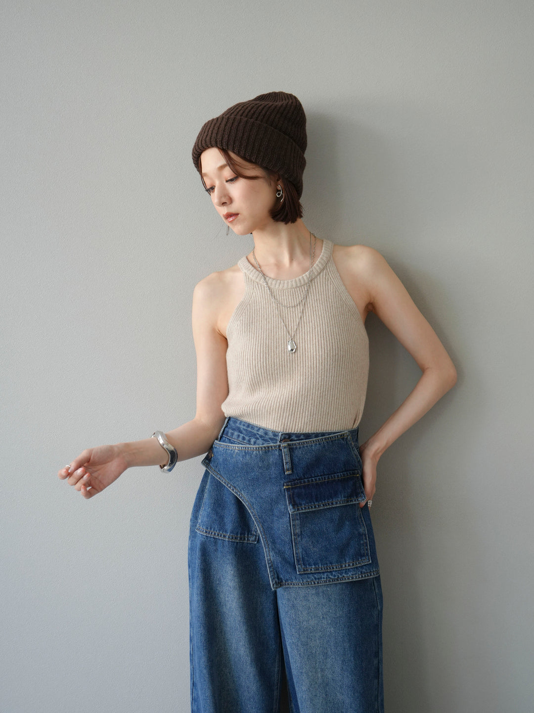 [予約]リブニットアメスリタンクトップ/ベージュ