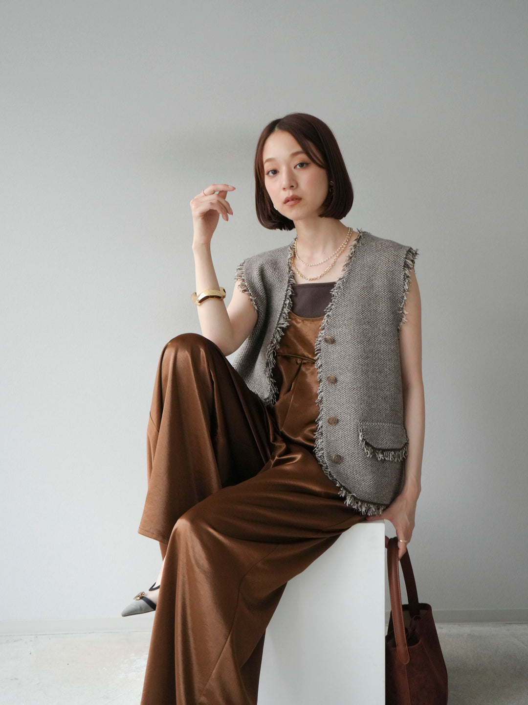 [予約]サテンビスチェオールインワン/ブラウン