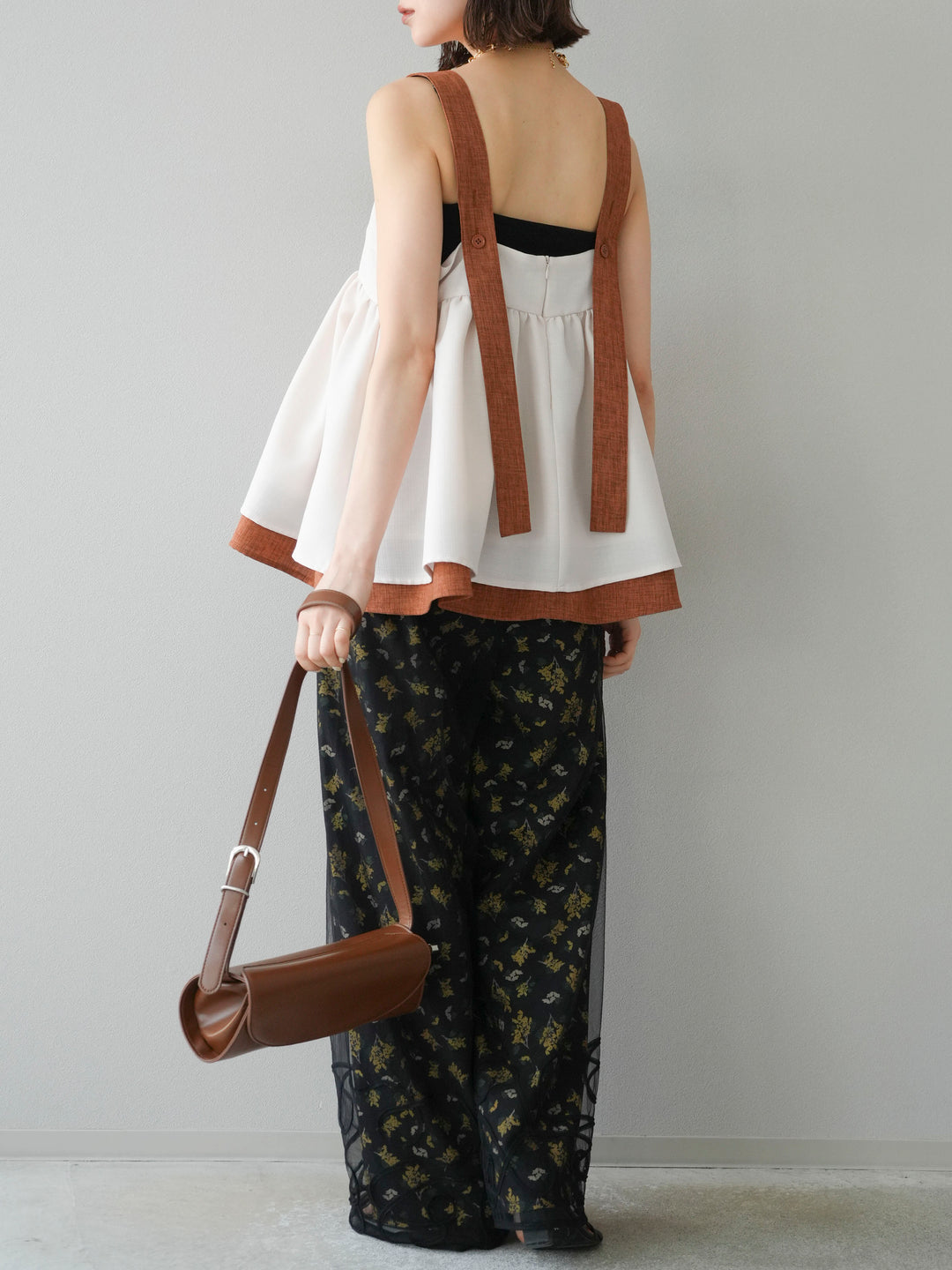 [SET]リネンライク配色フレアタンクトップ+ブーケプリントタックパンツ(2set)