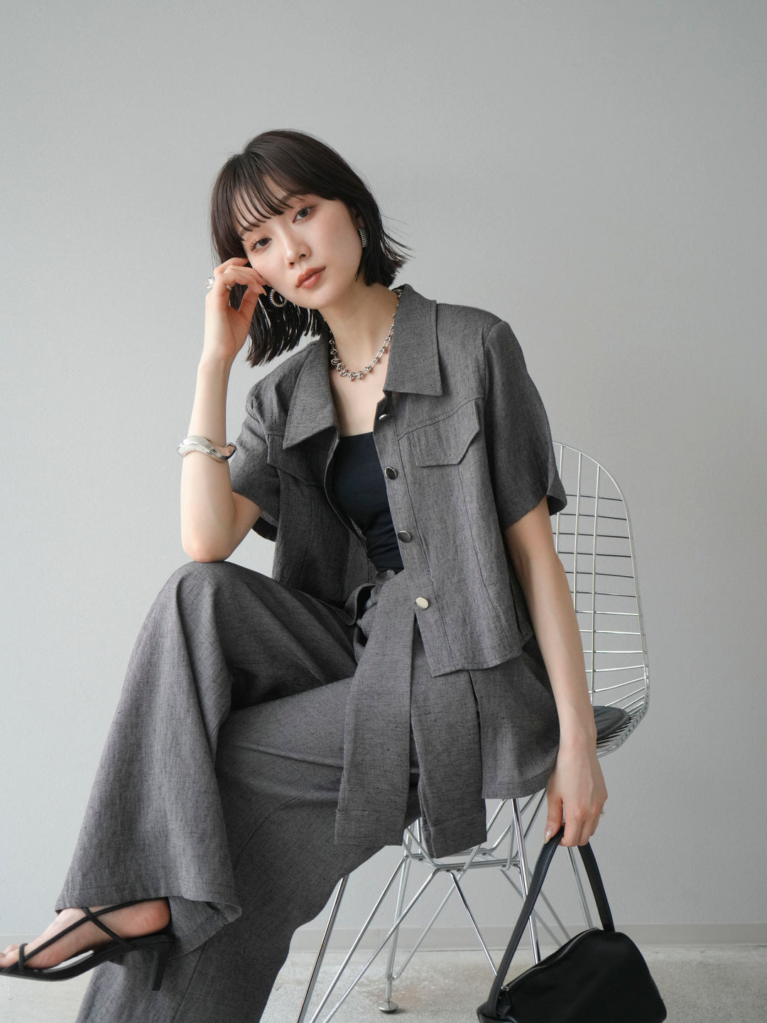 [SET]リネンタッチハーフシャツ＆ラップワイドパンツSET UP(2set)