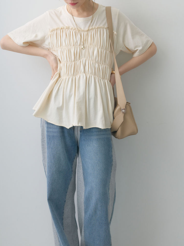 [SET]クールタッチシャーリングTEE+デニム切替スウェットパンツ(2set)