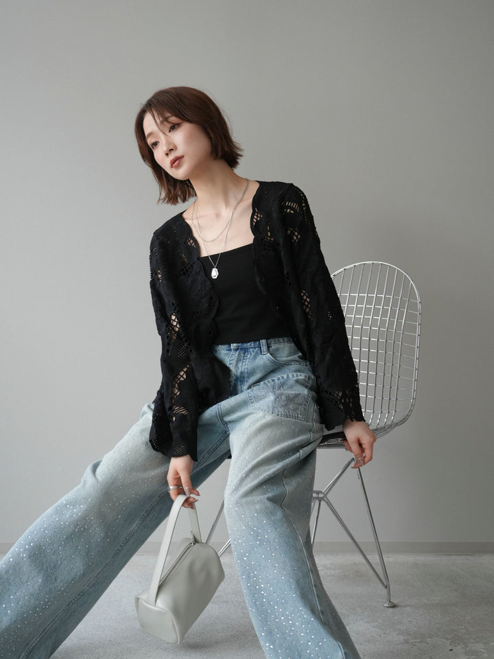 【套裝】3D蕾絲蕾絲上衣+內建胸罩羅紋抹胸吊帶背心（兩件組）