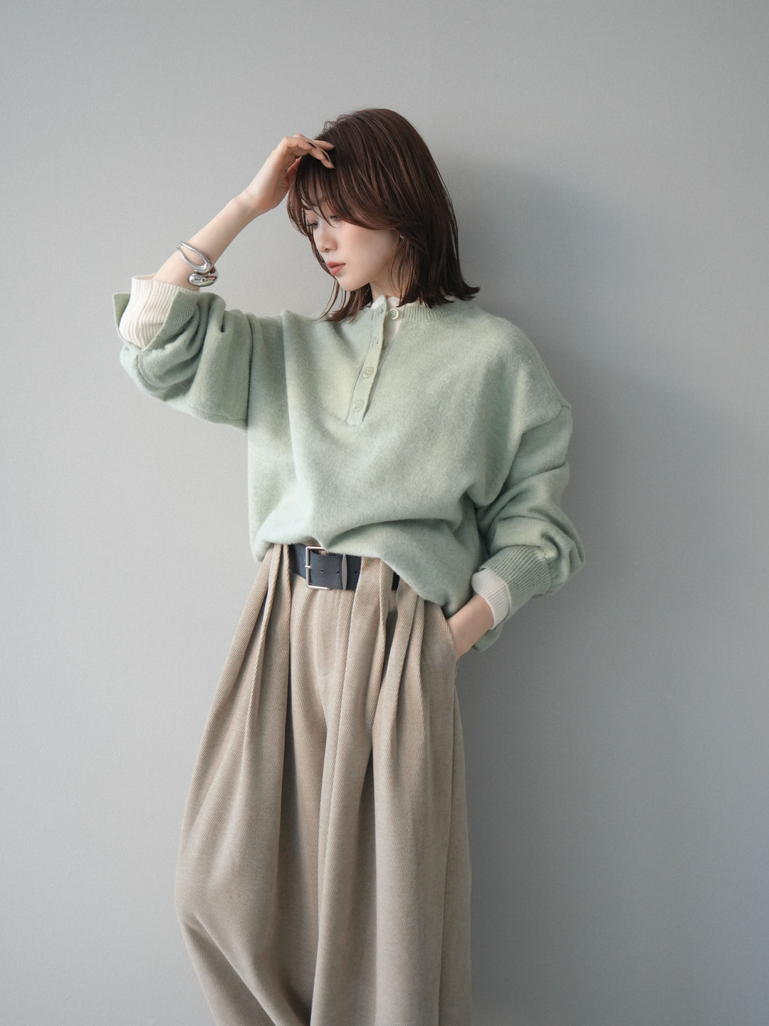[予約]ヘンリーネック配色レイヤードニットプルオーバー/mint