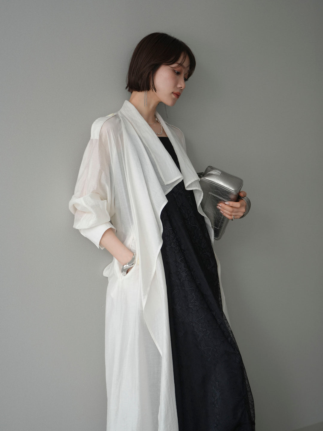 [予約]サテンレースレイヤードキャミワンピース/black