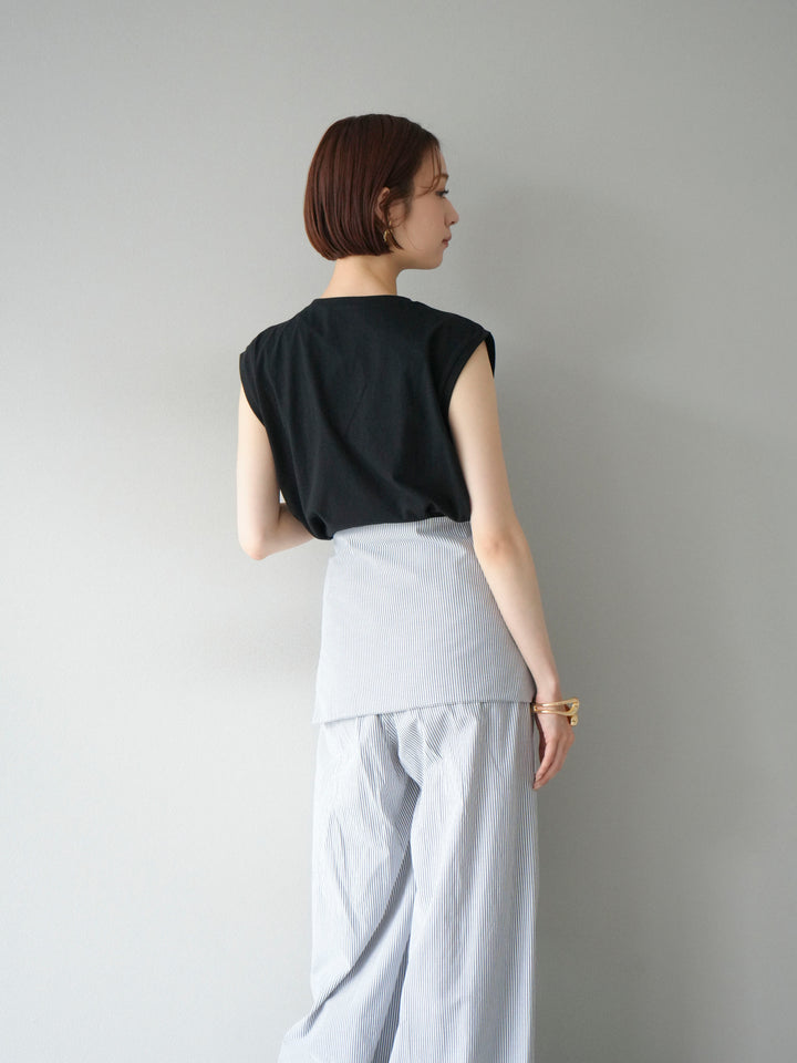 [SET]コード刺繍フレンチスリーブTシャツ+ウエスト巻きストライプイージーパンツ(2set)