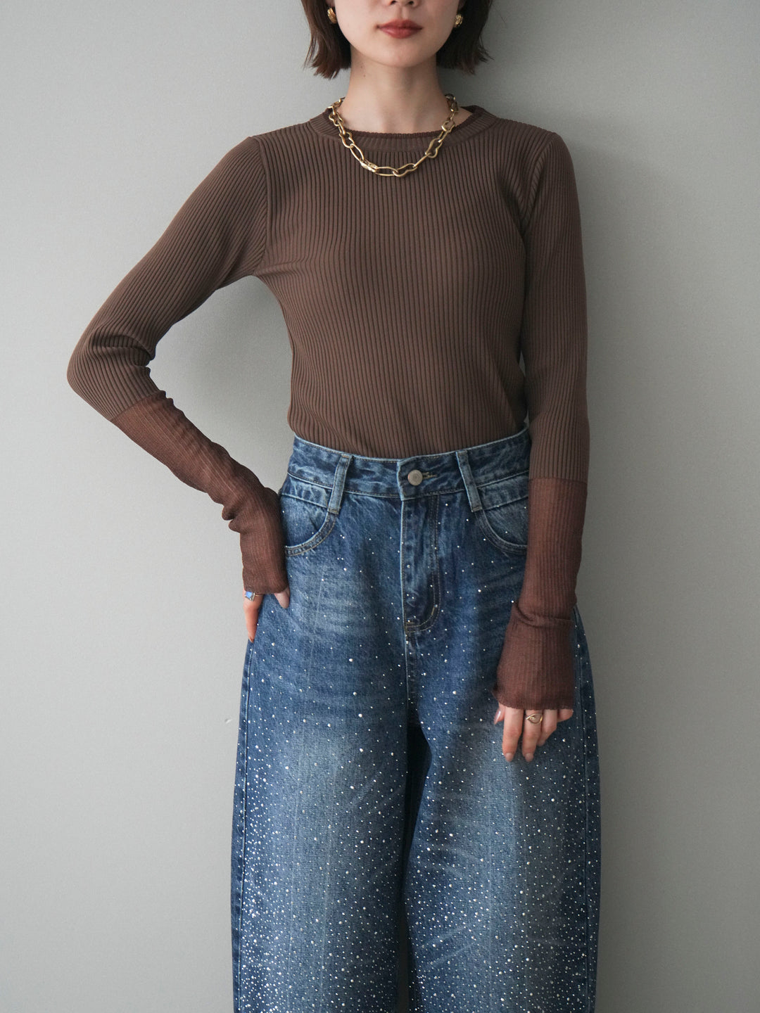 [SET]リブラメシアー切替リブニットトップス+ラインストーンカーブデニムパンツ(2set)