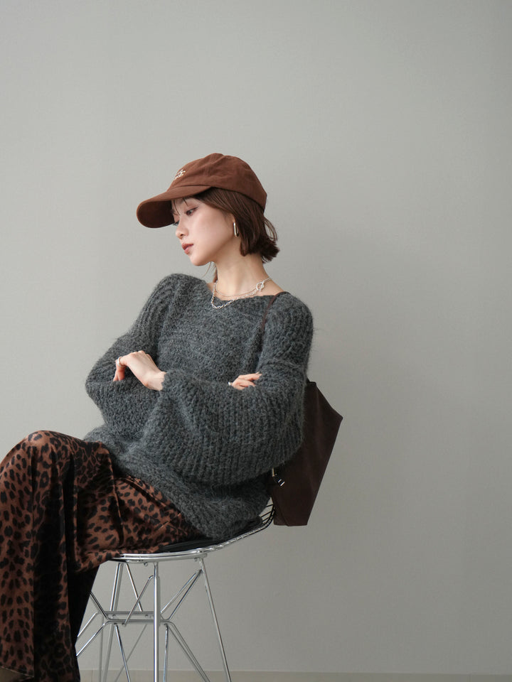 [予約]ワッフル編みシャギーニットプルオーバー/gray
