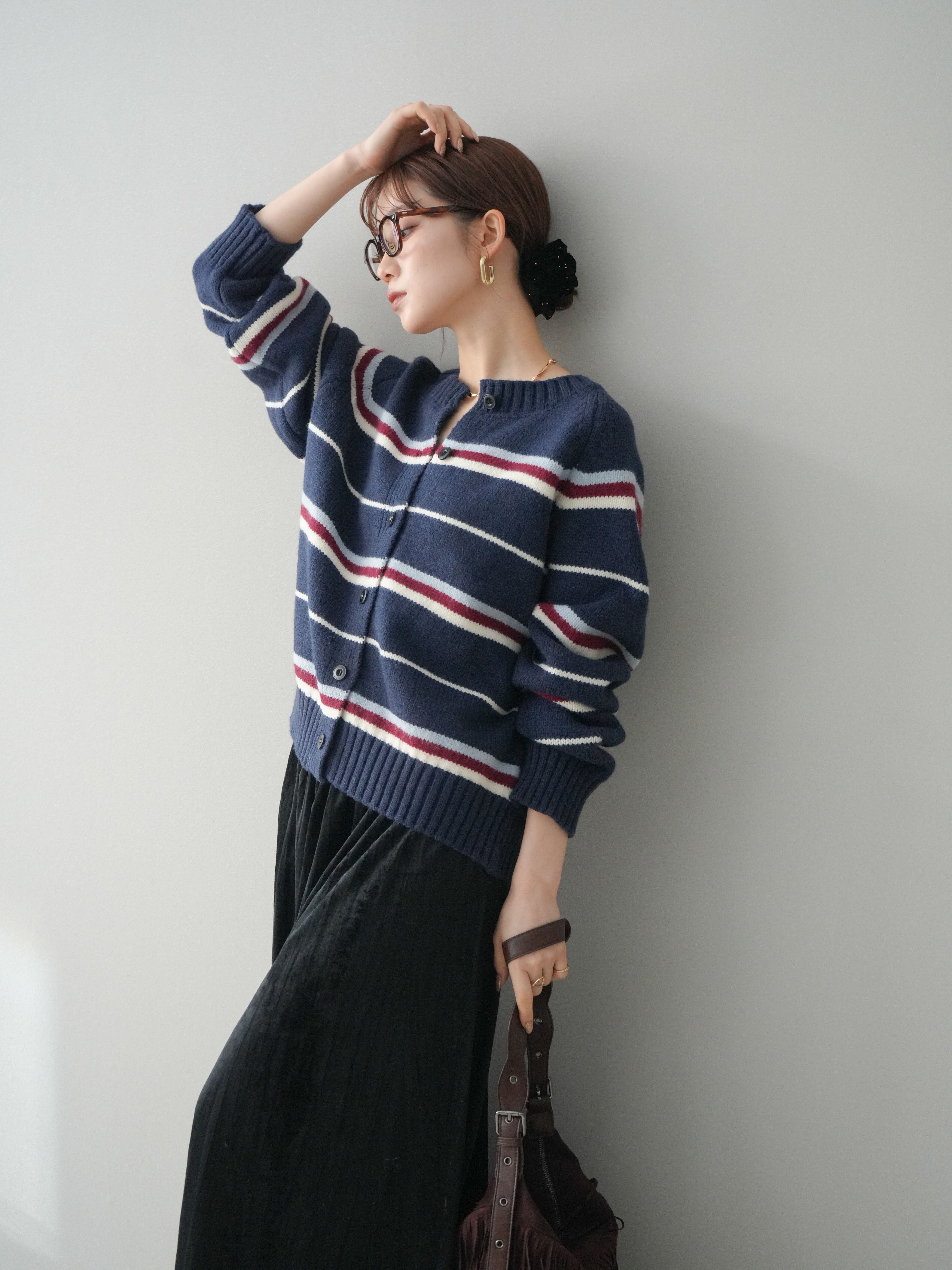 予約]ランダムボーダーニットカーディガン/navy – Lumier