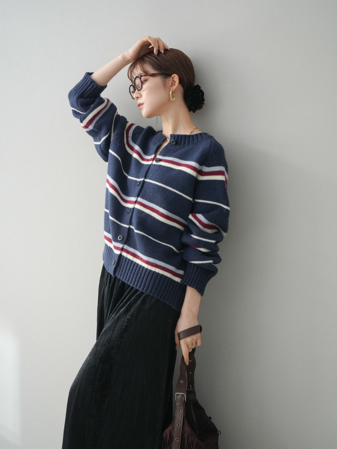 [予約]ランダムボーダーニットカーディガン/navy