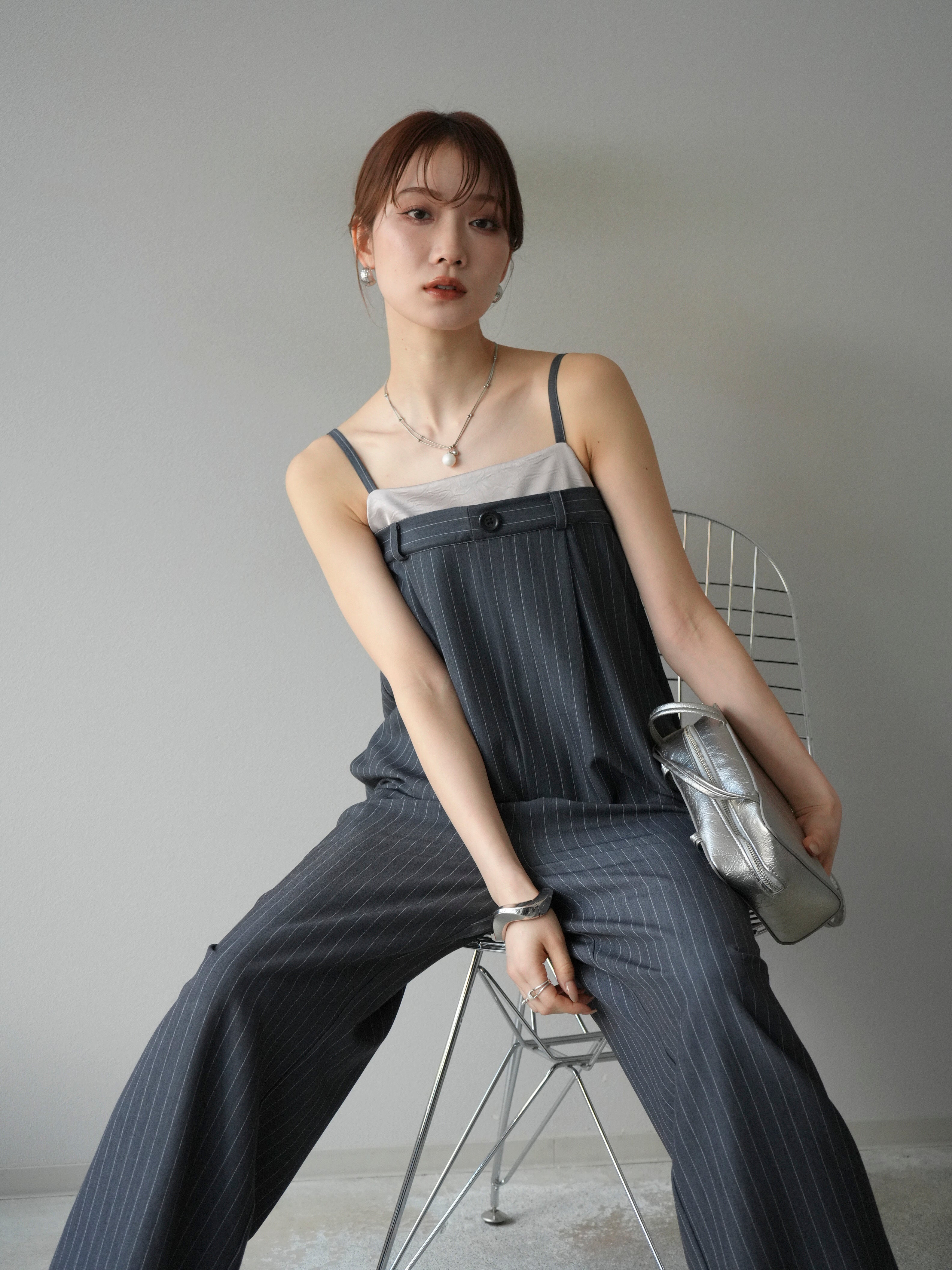 予約]サテン切替ピンストライプサロペット/グレー – Lumier