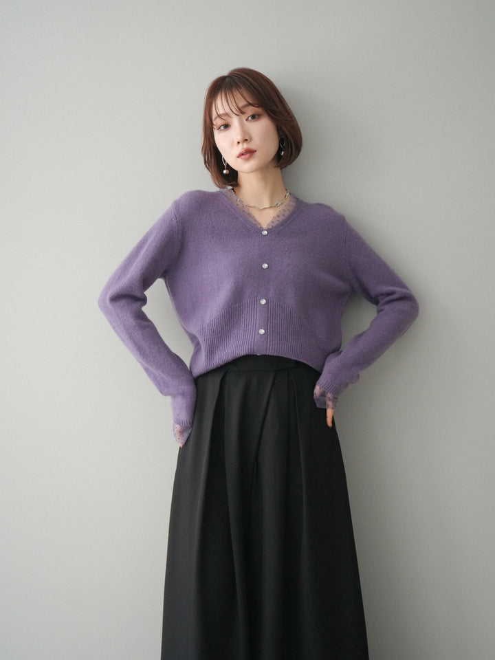 [SET]ドットチュールレイヤードボタンニットトップス+テープベルトタックバギーパンツ(2set)