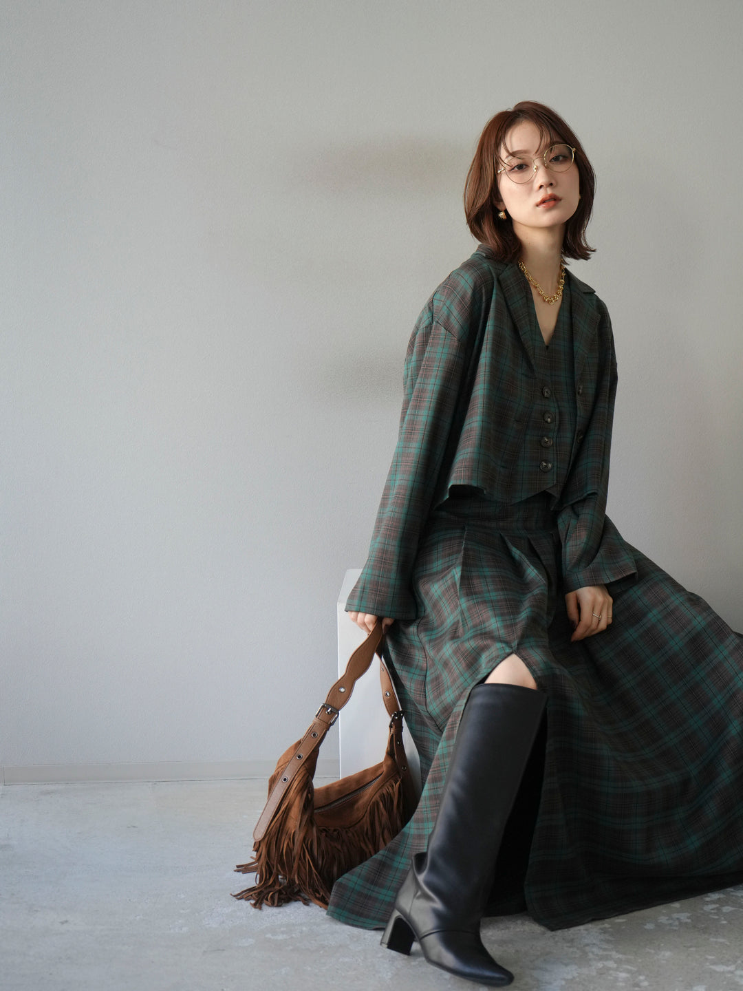 [SET]チェック柄ショートジャケット+チェック柄ベスト+チェック柄タックフレアスカート(3set)